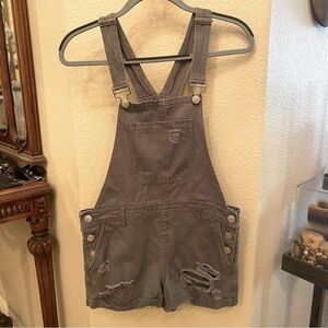 FOREVER 21 Women Olive Ripped Denim Overall Shorts Size 27